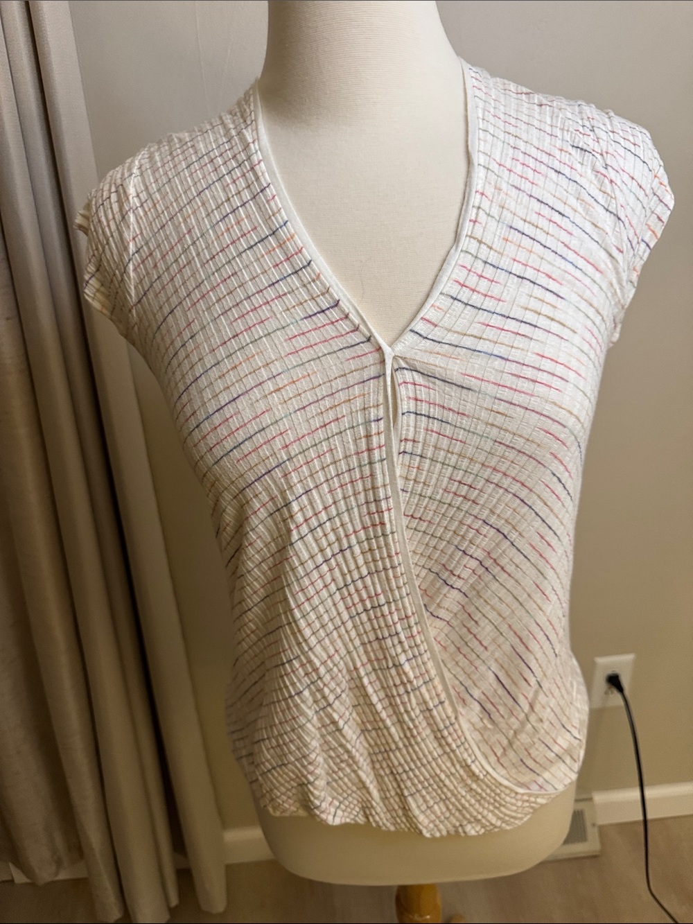 Maeve White Cap-Sleeve Faux-Wrap Top with Pink and Blue Pinstripes